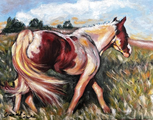 Painting of the side of a horse. The head is on the right side of the canvas and its rear on the left.