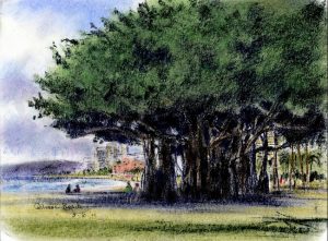 two people sitting under the shade of a banyan tree looking out at the ocean while two others walk under it.