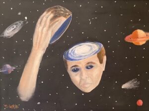 mans face floating is space with stars and planets around it. His hand is lifting off the top of his head revealing a galaxy inside.