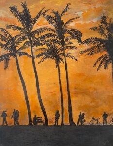Sunset at Ala Moana by Doris Davis. Silouhette palm trees and people walking along a path