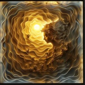 A square artwork featuring layered, swirling lines creating a sense of depth and movement. A woman's profile silhouette is visible in the lower right, with a bright, sun-like glow emanating from the center. Small, indistinct figures are scattered throughout the layers.